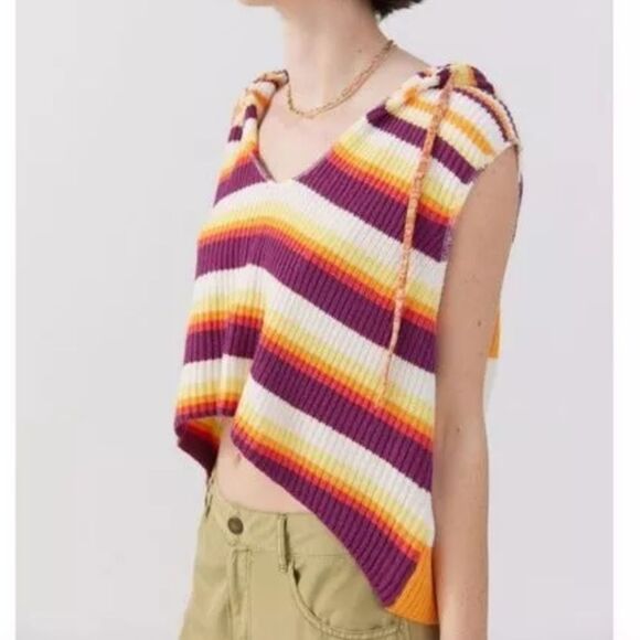 BDG Hooded striped slouchy Sweater Vest multicolor Size L Knit layering - Picture 3 of 8